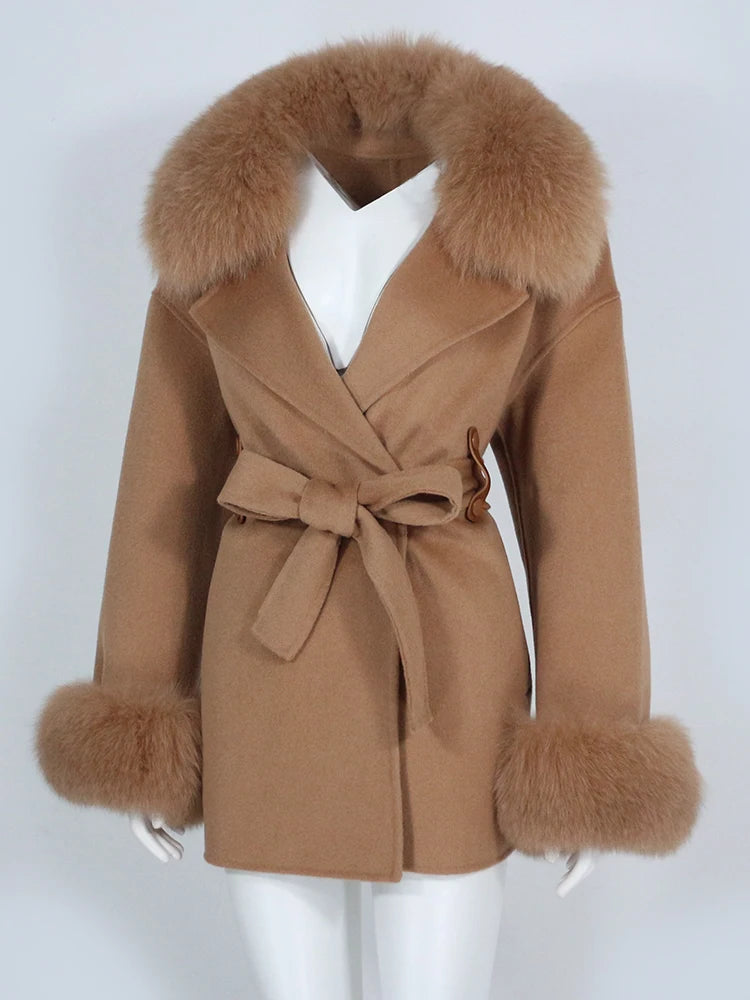 OFTBUY Real Fur Coat Winter Jacket Women Natural Fox Fur Collar Cuffs Belt Cashmere Wool Woolen Ladies Outerwear Streetwear