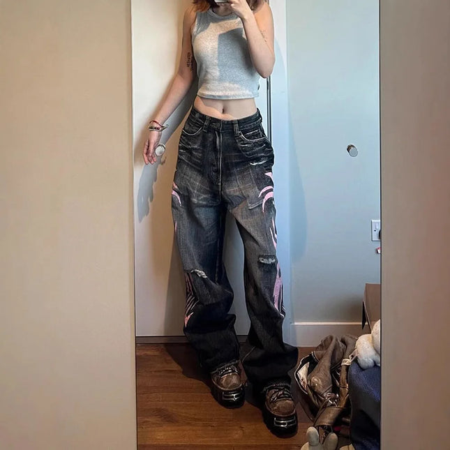 Y2K Vintage American Totem Print Mottled Loose Jeans Women's High Waist Wide Leg Jeans Fashion Women's Hip-Hop Jeans