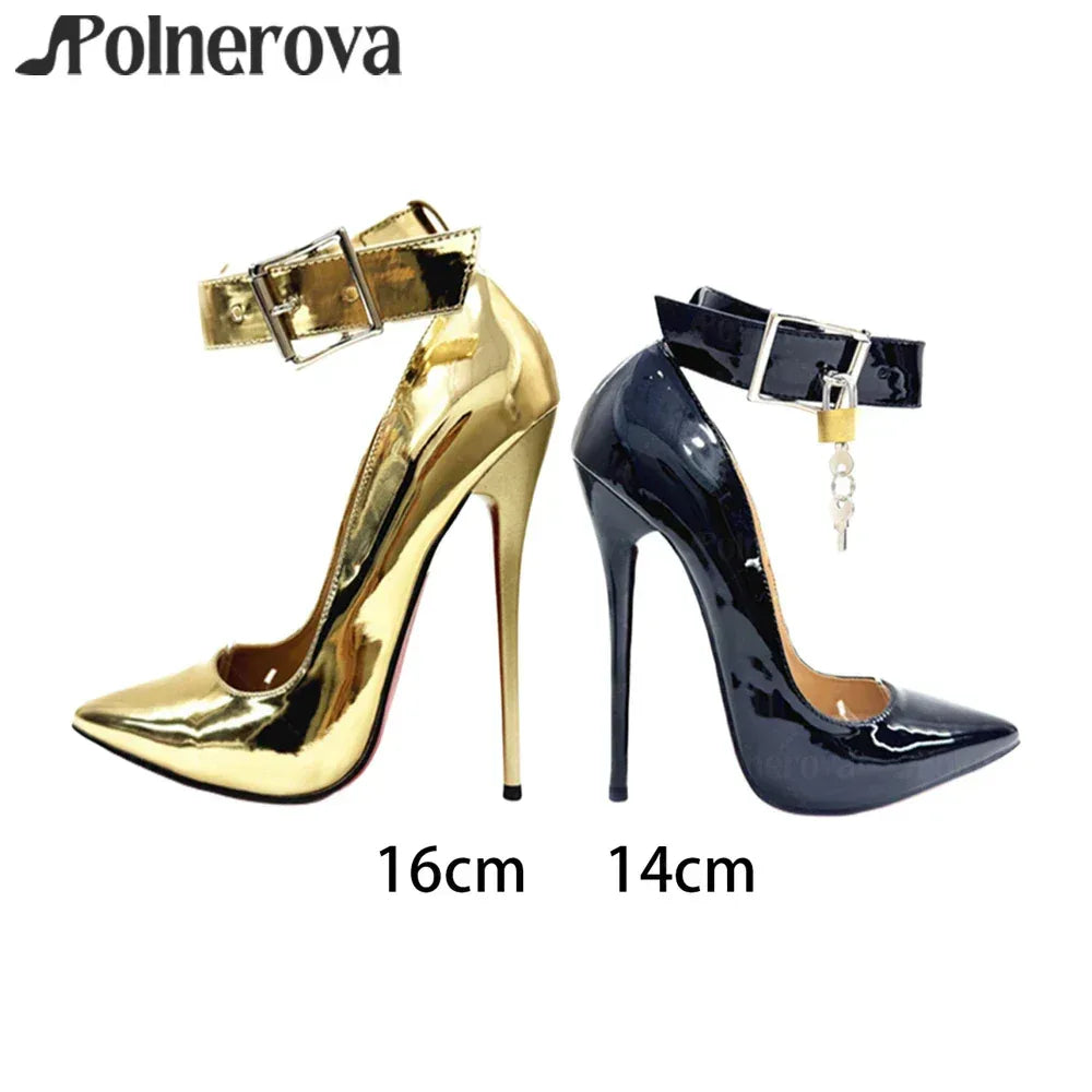 16cm Lock Pumps Sexy Pointed Stilettos Ankle Buckle Patent Leather High Heels Designer Metallic Lock Belt Buckle Lacquered Heels - PlatiNum