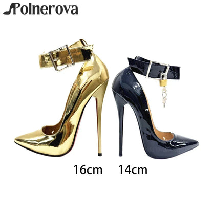 16cm Lock Pumps Sexy Pointed Stilettos Ankle Buckle Patent Leather High Heels Designer Metallic Lock Belt Buckle Lacquered Heels - PlatiNum