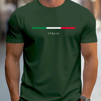 Men's Summer Short-Sleeved Sports T-Shirt with ITALY Print, Casual Loose Fashion Round Neck in Polyester Fabric