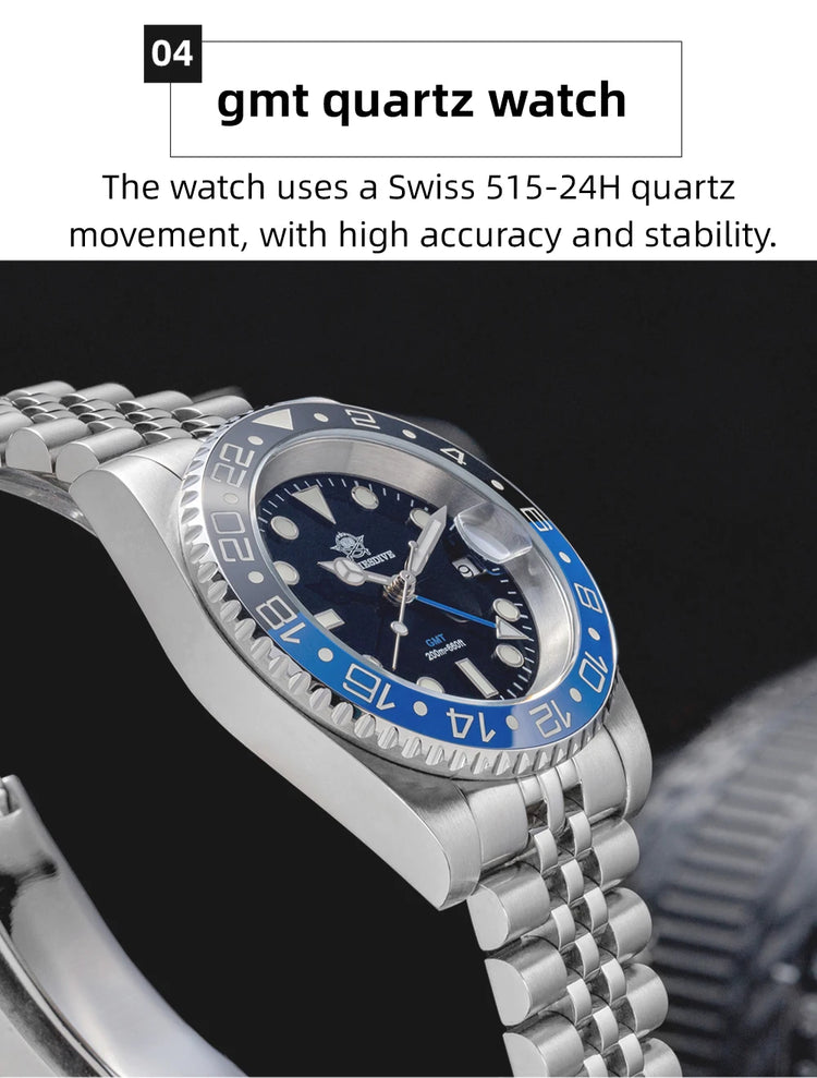ADDIESDIVE New 40mm Luxury Men Business GMT Watch Swiss Ronda 515-24H Quartz Waterproof 200m Luminous Aluminum Ceramic Bezel