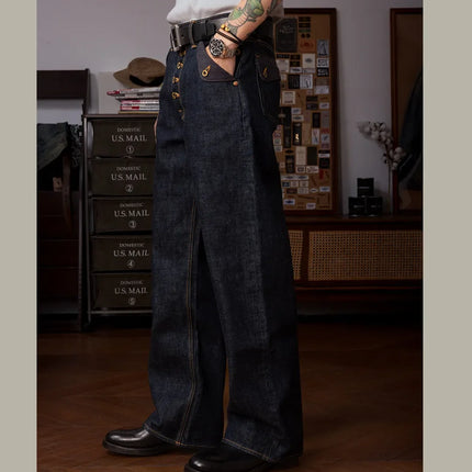 Red Tornado Retro Heavy 18oz Raw Selvedge Denim Pants Sanforized Button Fly High Waist Flap Pocket Carpenter Style Jeans