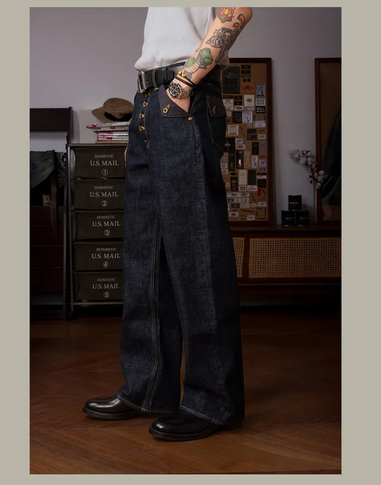 Red Tornado Retro Heavy 18oz Raw Selvedge Denim Pants Sanforized Button Fly High Waist Flap Pocket Carpenter Style Jeans