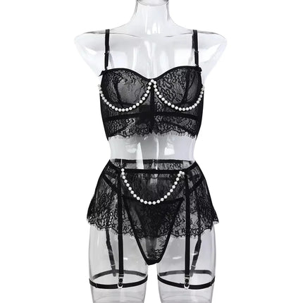Sexy Erotic Womens Western Style Handmade Pearl 4 Piece Set Sensual See Through Lace Alluring Bowknot Attractive Breathable Set