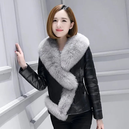 High quality Fashion Women Leather Jacket Short Faux Fox Fur Collar Slim Thick Warm Winter Coat Overcoat Motorcycle clothing