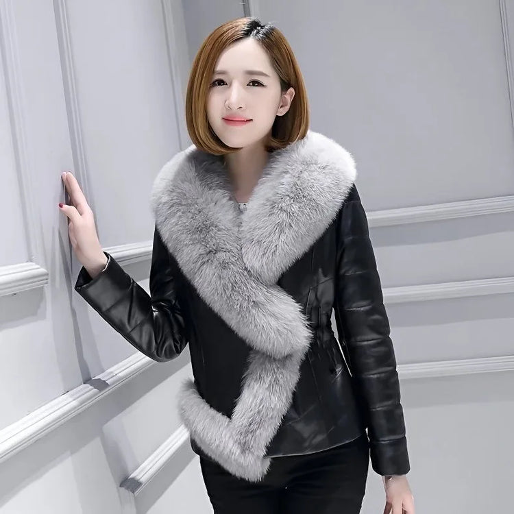 High quality Fashion Women Leather Jacket Short Faux Fox Fur Collar Slim Thick Warm Winter Coat Overcoat Motorcycle clothing