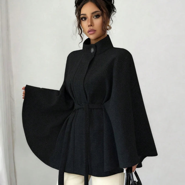 Women's Belted Wool Cape Coat High Neck Stand Collar Batwing Sleeve Loose Fit Winter Warm Poncho Outerwear 2026