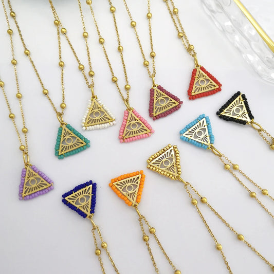 QMHJE Triangolo Evil Eye Collana con ciondolo Collana da donna fortunata Girocollo Perline Catena in acciaio inossidabile Colore oro Argento all'ingrosso
