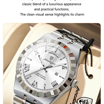 POEDAGAR Fashion Male Clock Luminous Waterproof Week Date Creative Men Watch Stainless Steel Quartz Business Men's Watches Reloj