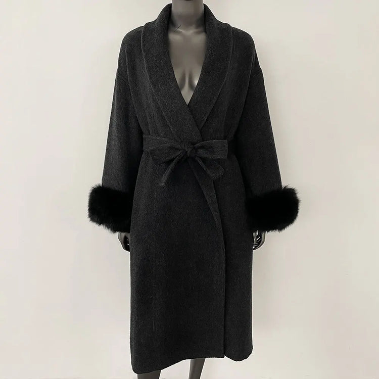 Elegant OL Office Lady Overcoats Fur Patchwork Long Sleeve Woolen Coat Beautiful Women's Clothing Jacket Autumn 2025 Spring