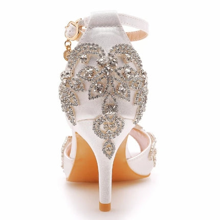 Sandalias de mujer de calidad femenina con diamantes de imitación de PU, tacón delgado de 7 cm, correa de hebilla, zapatos de vestir de estilo coreano para mujer, azul cielo maduro