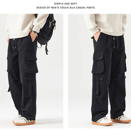 Autumn New Cargo Loose Multi-pockets 100% Cotton Straight Pants for Men Clothing Comfort Zipper Male Trouser GF258113