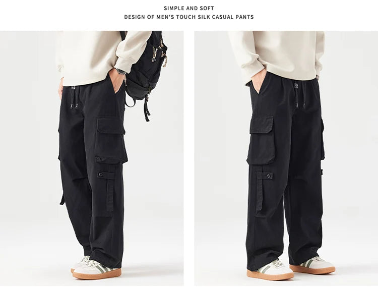 Autumn New Cargo Loose Multi-pockets 100% Cotton Straight Pants for Men Clothing Comfort Zipper Male Trouser GF258113