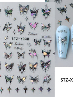 Black White Butterfly Laser Nail Stickers Y2K Nail Art Decoration Abstract Metal Lines Bronzing Lace Flowers Stickers For Nails
