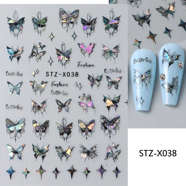 Black White Butterfly Laser Nail Stickers Y2K Nail Art Decoration Abstract Metal Lines Bronzing Lace Flowers Stickers For Nails