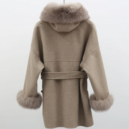 MISSJANEFUR Wool Coat with Real Fox Fur Collar Cuff Women Fashion Belted Cashmere Coats Warm Winter Hooded Trench Peacoat