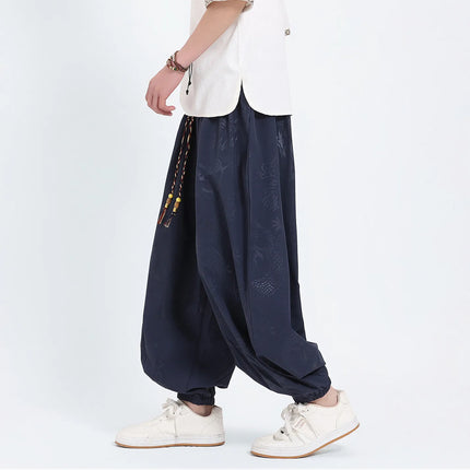 Pantaloni Estivi da Uomo Stile Cinese in Seta Ghiaccio con Motivo Drago Ukiyo-e, Comodi e Trendy, Pantaloni Casual Oversize da Uomo