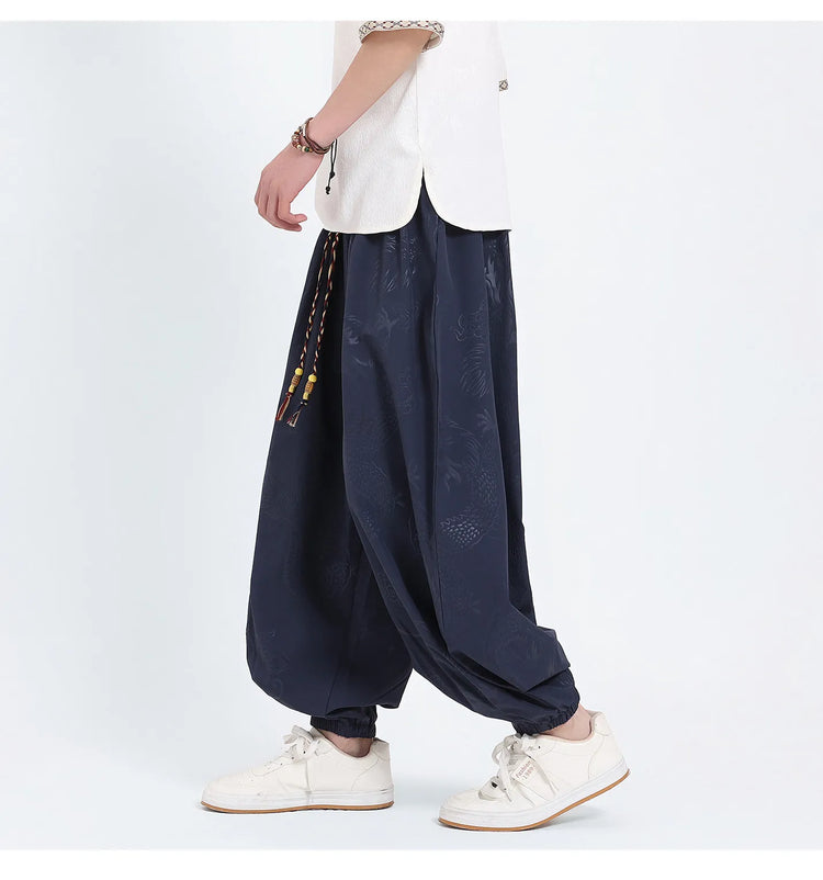 Pantaloni Estivi da Uomo Stile Cinese in Seta Ghiaccio con Motivo Drago Ukiyo-e, Comodi e Trendy, Pantaloni Casual Oversize da Uomo