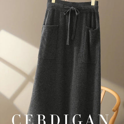 Autumn And Winter100% Pure Wool Skirt Women's Long Pocket Small A Skirt High Waist Slim Cashmere Knit A-Line Skirt PlatiNum