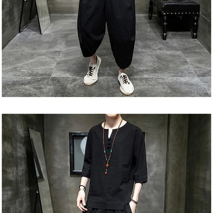 Stile giapponese due pezzi t-shirt pantaloni uomo uomo abiti Kimono maniche corte giappone Harajuku Yukata Cardigan Costume top pantaloni