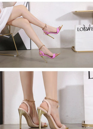 New Summer Sandals Women Fashion Gold Chain Ankle Strap Sexy Peep Toe Ladies Metal High Heels Sandals Woman Party Shoes Pumps PlatiNum
