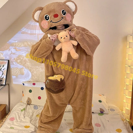 Cartoon Animal One‑Piece Pajamas Soft Coral Fleece Plush Jumpsuit Warm Loungewear For Home Sleepwear Theme Party Costume