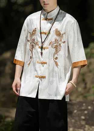 Camicia con ricamo drago dorato da uomo in seta di ghiaccio di alta qualità casual allentato a maniche corte top cardigan tradizionale kung fu retrò da uomo