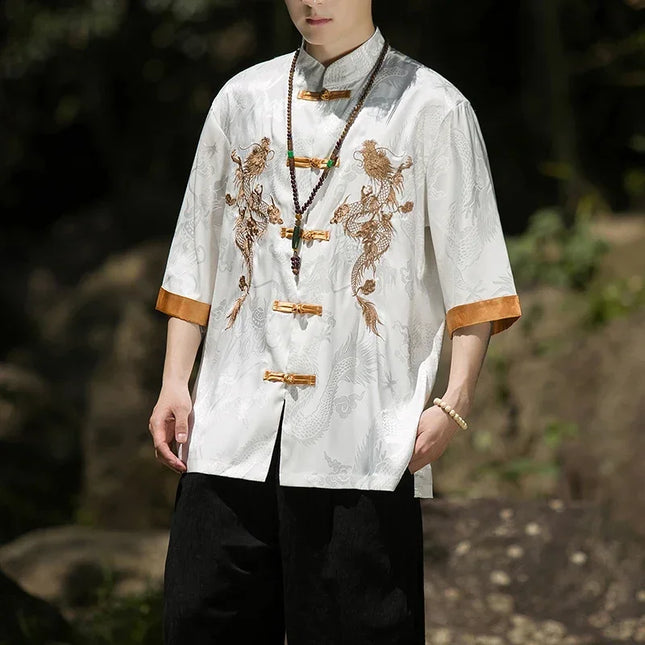 Herrenhemd mit goldenem Drachenstickerei, aus hochwertiger Eisseide, lässiges lockeres Kurzarm-Top, traditionelle Retro-Kung-Fu-Herrenjacke
