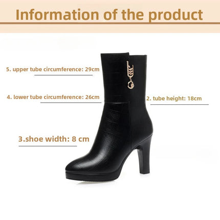 Women's Mid-calf Boots Temperament Pointed High Heeled Boots High Quality Casual Leather Boots for Women Plush Warm Winter Boot