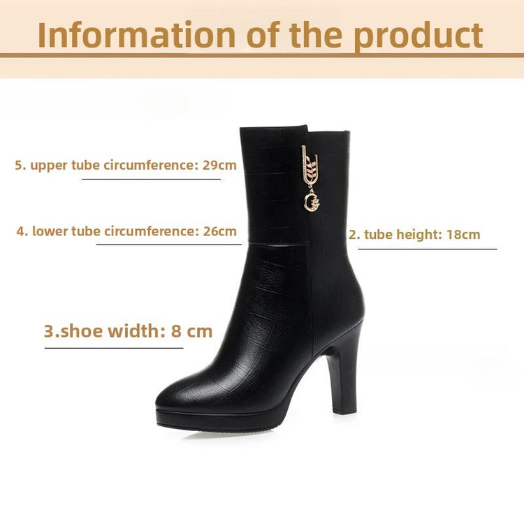 Women's Mid-calf Boots Temperament Pointed High Heeled Boots High Quality Casual Leather Boots for Women Plush Warm Winter Boot