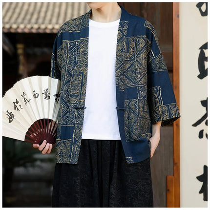 Camicie in Lino Stile Etnico con Stampa Yukata per Uomo e Donna, Abbigliamento Asiatico, Kimono Giapponese Harajuku, Camicie Retrò da Uomo