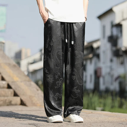Pantaloni a gamba larga moda vintage da uomo in tessuto di seta di ghiaccio pantaloni estivi casual larghi pantaloni traspiranti con motivo drago sutil da uomo 5XL