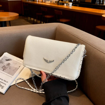 Luxury Crossbody Bag Solid Color PU Wing Logo Design Lightweight Magnetic Adjustable Chain Strap Handbag for Travel Commute PlatiNum