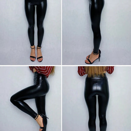 BIVIGAOS Fashion Women PU Leather Pants Elastic High Waist Winter Leggings Slim Velvet Leather Leggings Skinny Fleece Trousers PlatiNum