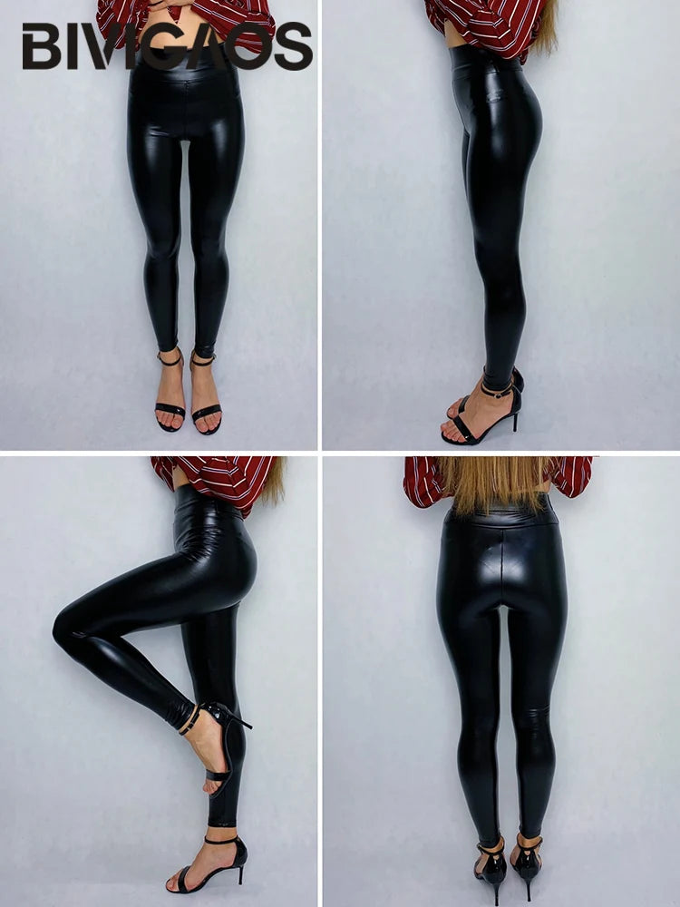 BIVIGAOS Fashion Women PU Leather Pants Elastic High Waist Winter Leggings Slim Velvet Leather Leggings Skinny Fleece Trousers PlatiNum