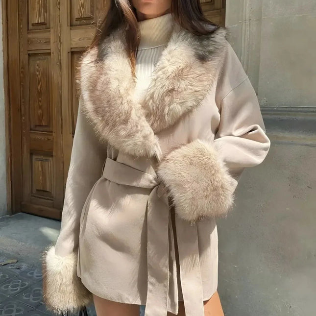 Women Faux Fur Collar Belted Waist Short Coat Elegant Furry Cuff Lapel Wrap Winter Outerwear