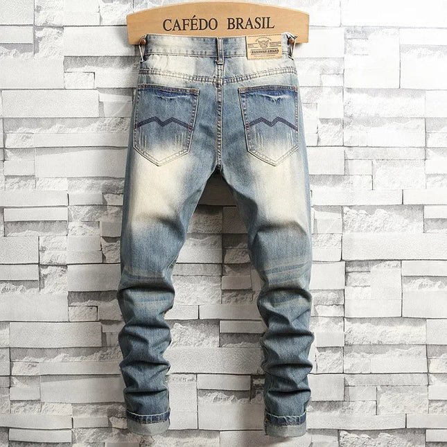 2024 New Retro Distressed Ripped Slim Jeans for Men Street Hip-hop Stretch Straight Fashion Motorcycle Denim Trousers Male PlatiNum