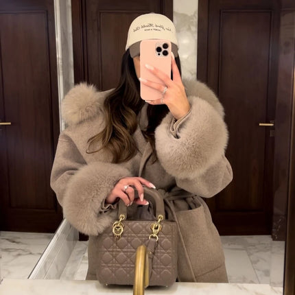 OFTBUY Omen Double Face Wool Coat Natural Fur Coat Wool Blend Jacket Winter Warm Elegant Long Sleeve Fur Cuffs Fashion Outerwear