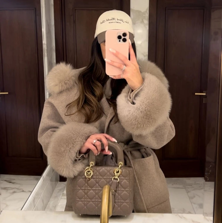 OFTBUY Omen Double Face Wool Coat Natural Fur Coat Wool Blend Jacket Winter Warm Elegant Long Sleeve Fur Cuffs Fashion Outerwear