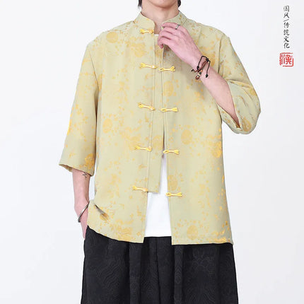 Camicie Estive da Uomo in Stile Cinese Tradizionale, Camicia Casual Kung Fu Tai Chi, Camicia di Lusso Jacquard Traspirante a Maniche Corte