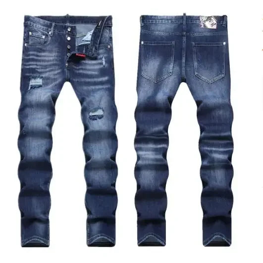 New Fashion Men Black Ripped Denim Jeans talian High Street Style Denim Pants High Quality Male Slim Fit Denim Trousers Size 38 PlatiNum