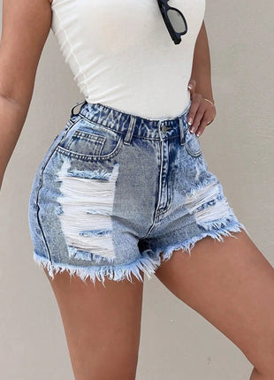 Fashionable and versatile high-waist distressed design denim shorts for 2025 summer. New style, loose-fitting and trendy shorts. PlatiNum