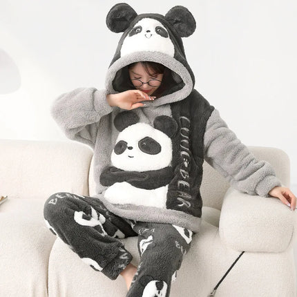 Cute Pajamas Set 2 Pieces Women Sleepwear Warm Winter Thick Coral Fleece Hooded Cartoon Girls Homewear Animal Pajamas Nighties