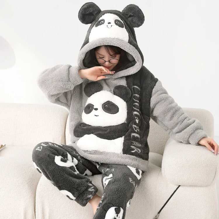 Cute Pajamas Set 2 Pieces Women Sleepwear Warm Winter Thick Coral Fleece Hooded Cartoon Girls Homewear Animal Pajamas Nighties