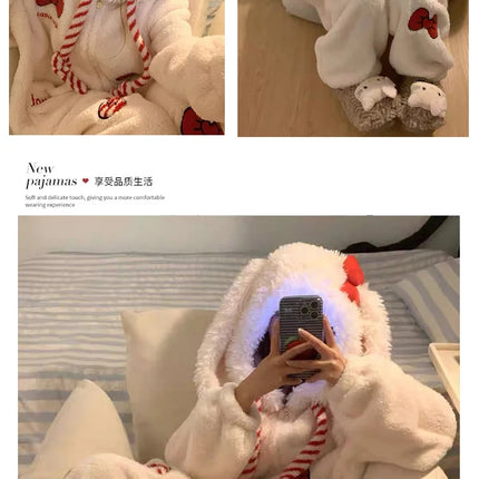 Women Cute Rabbit Ear Hooded Onepiece Pajamas Coral Fleece Zipper Jumpsuit Bow Decor Warm Fluffy Loose Sleepwear Home Loungewear