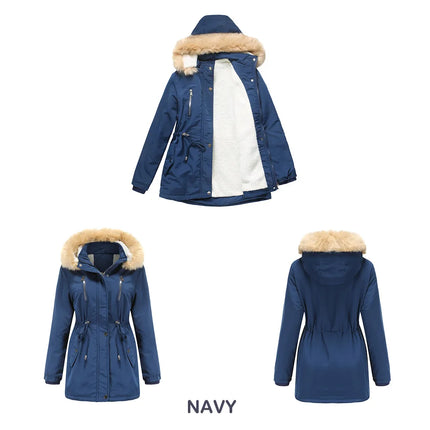 Women's Winter Coat Warm Fleece Lined Parka Detachable Faux Fur Hood Padded Jacket Slim Waist Thick Sherpa Loose Cotton Outwear