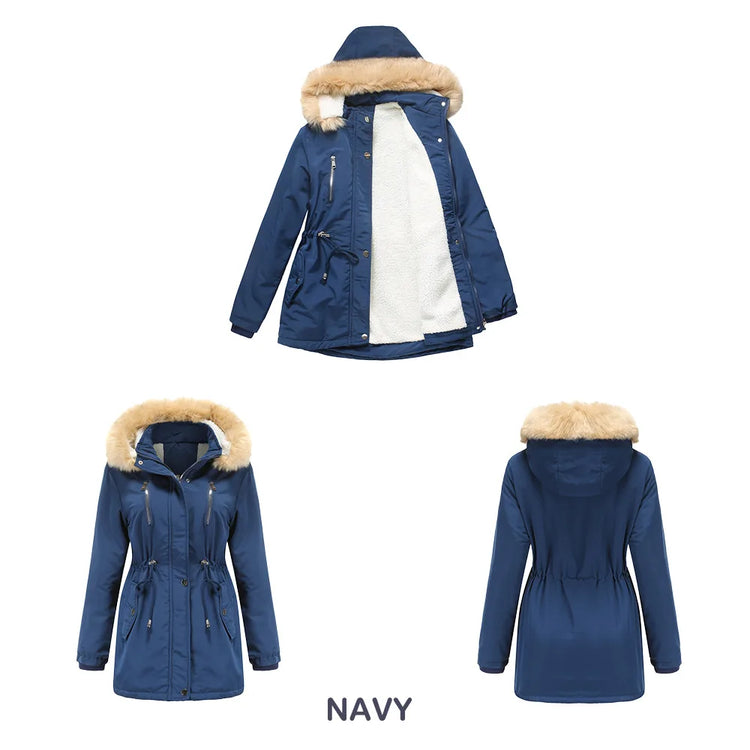 Women's Winter Coat Warm Fleece Lined Parka Detachable Faux Fur Hood Padded Jacket Slim Waist Thick Sherpa Loose Cotton Outwear