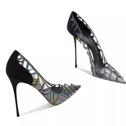 Scarpe da Donna Nere con Tacco a Spillo a Punta, Nuove 2026, con Strass Multicolore Trasparenti, Design di Nicchia platinumshop