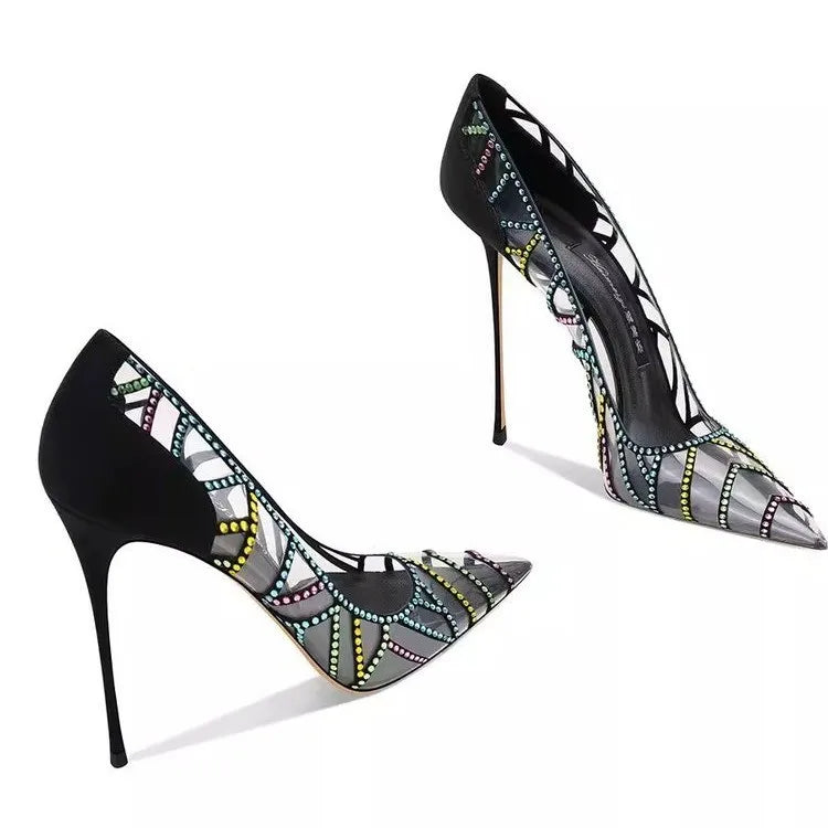 Scarpe da Donna Nere con Tacco a Spillo a Punta, Nuove 2026, con Strass Multicolore Trasparenti, Design di Nicchia platinumshop